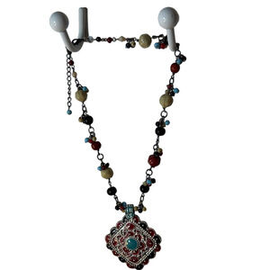 Boho Beaded Necklace with Ornate Red and Turquoise Pendant